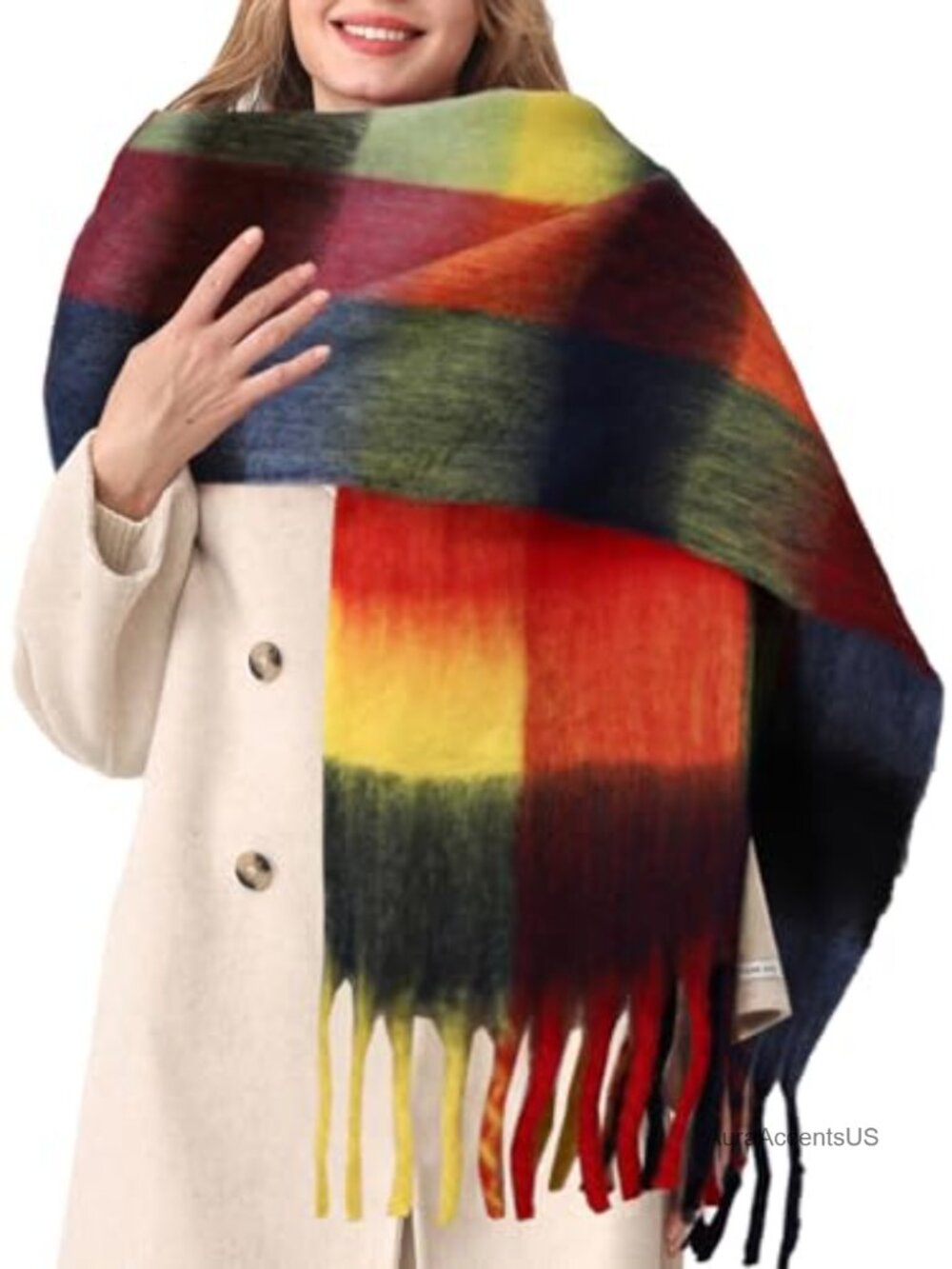 Oversized Chunky Plaid Scarf Shawl Wrap Winter Thick Tassel Soft Acrylic Wool